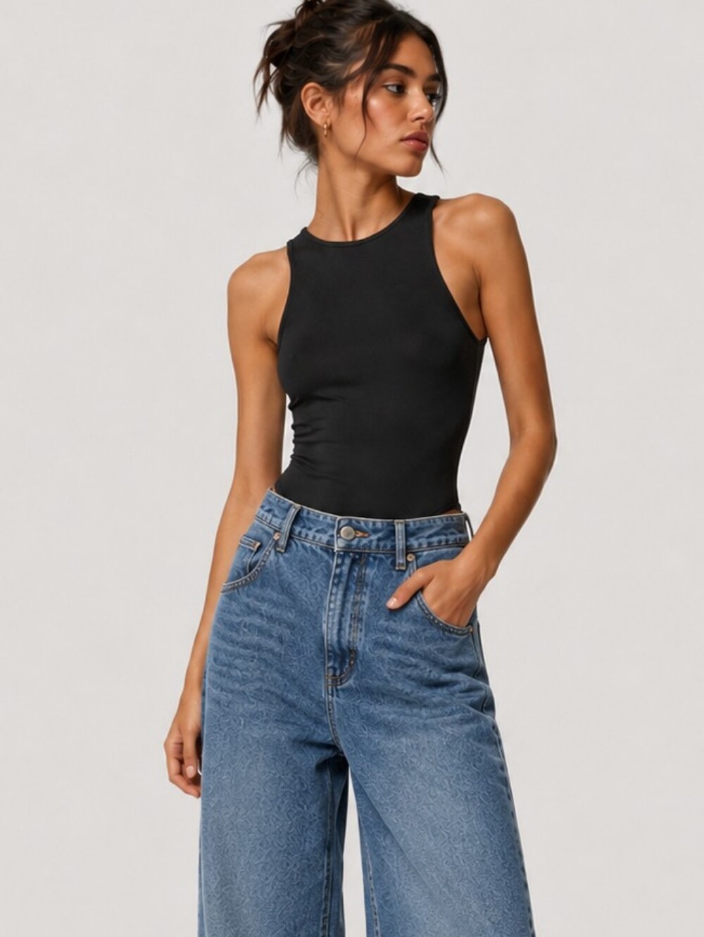 Zara High Neck High Cut Sides Polyamide Bodysuit Black Sleeveless Large NEW